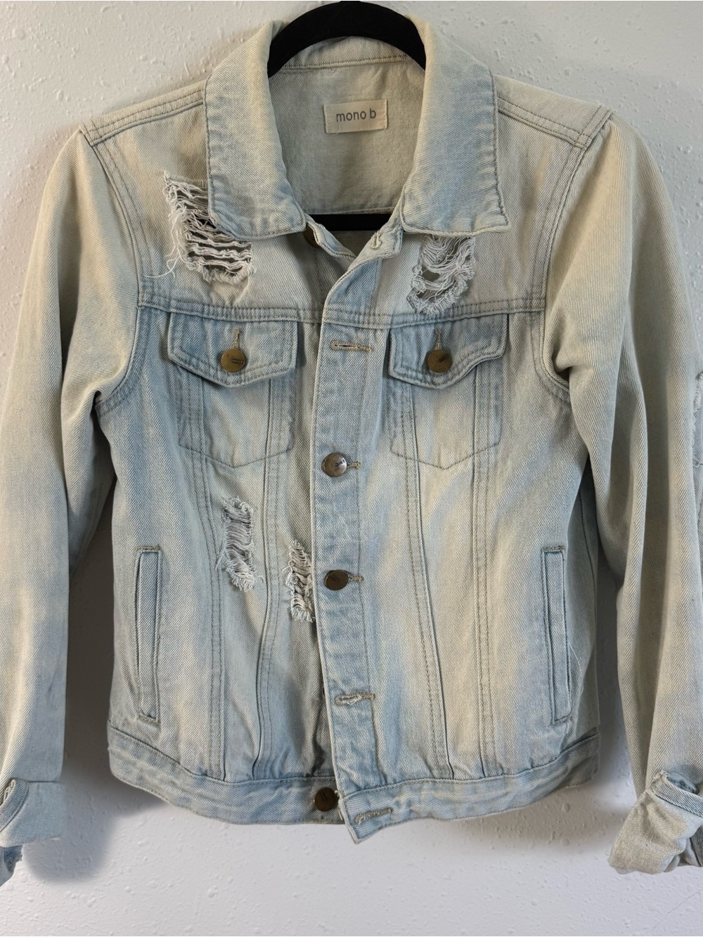 Mono B Light Wash Distressed Denim Jacket - Light Blue‎